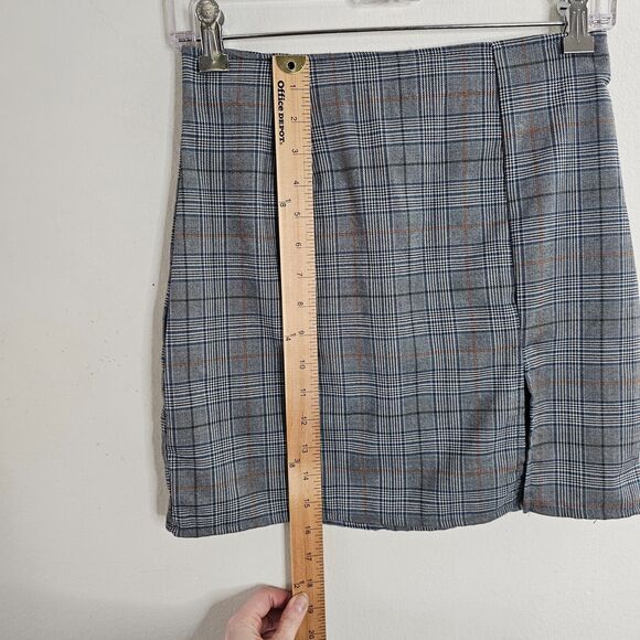 NWT Windsor Gray & Orange Plaid Print High Waist Side Slit Stretch Mini Skirt S - Picture 8 of 8